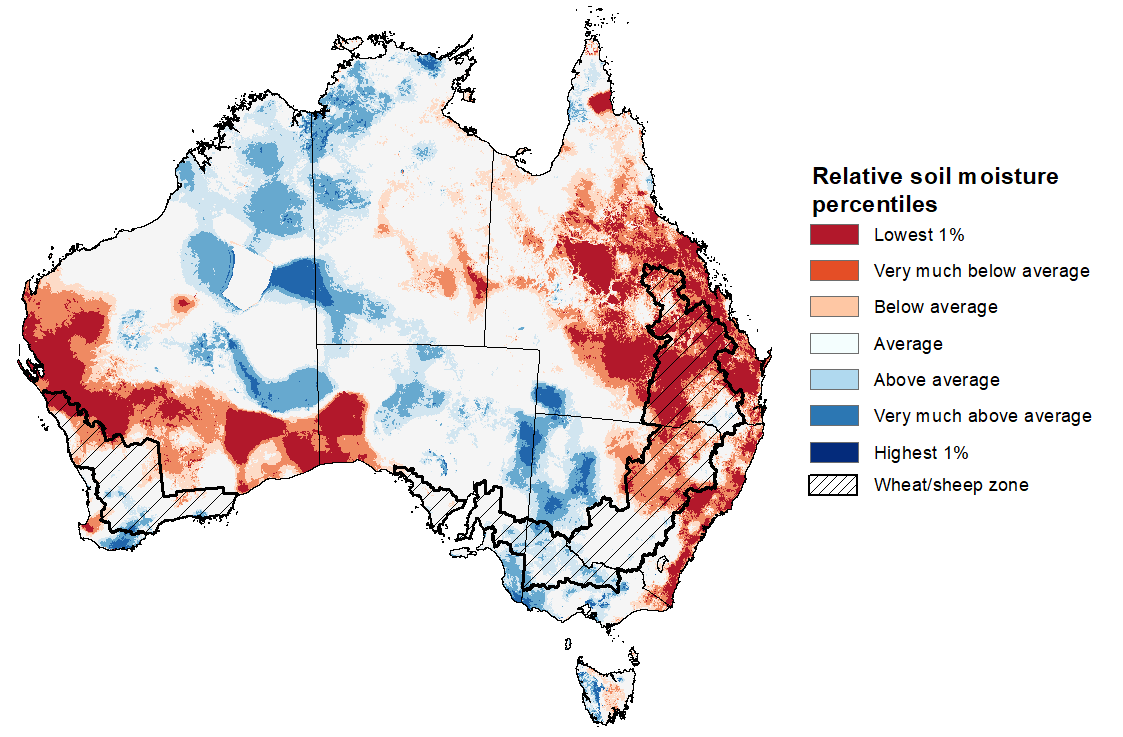 Map showing the lower layer soil moisture for the previous season in Australia. Image provided by the Bureau of Meteorology. Please refer to accompanying text for a more detailed description.