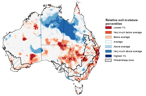 Map showing the lower layer soil moisture for the previous season in Australia. Image provided by the Bureau of Meteorology. Please refer to accompanying text for a more detailed description.