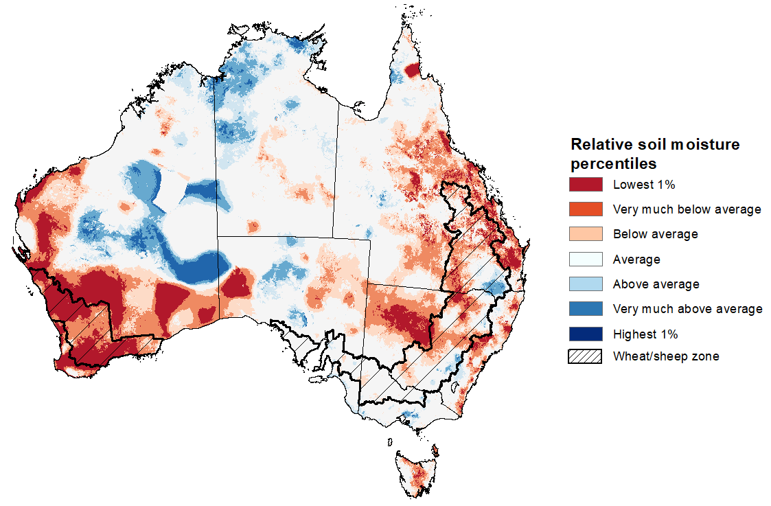 Map showing the lower layer soil moisture for the previous season in Australia. Image provided by the Bureau of Meteorology. Please refer to accompanying text for a more detailed description.