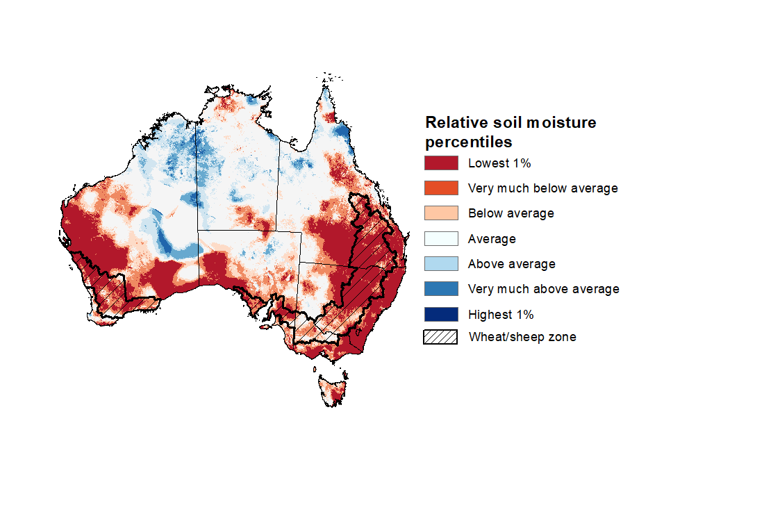 Map showing the lower layer soil moisture for the previous season in Australia. Image provided by the Bureau of Meteorology. Please refer to accompanying text for a more detailed description.