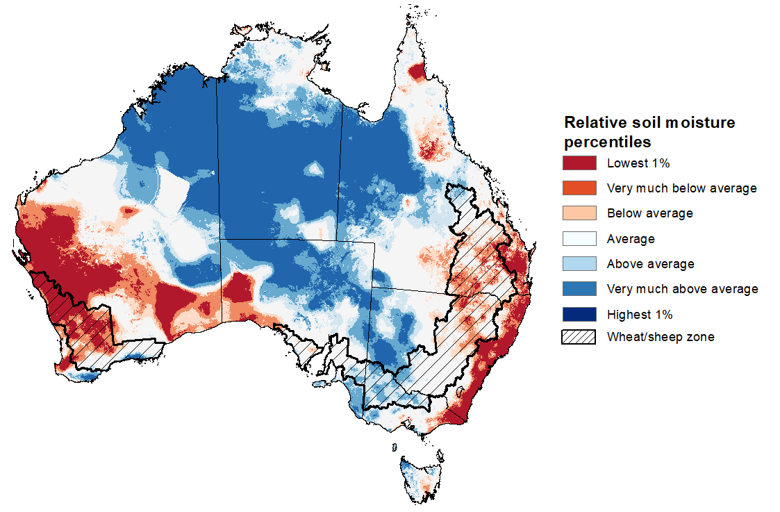 Map showing the lower layer soil moisture for the previous season in Australia. Image provided by the Bureau of Meteorology. Please refer to accompanying text for a more detailed description.