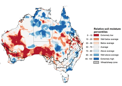 Map showing the lower layer soil moisture for the previous season in Australia. Image provided by the Bureau of Meteorology. Please refer to accompanying text for a more detailed description.