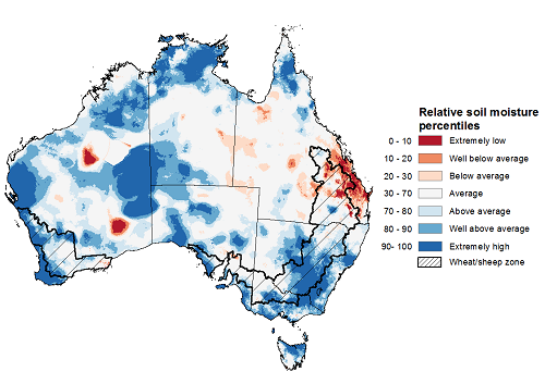 Map showing the lower layer soil moisture for February 2021 in Australia. Image provided by the Bureau of Meteorology. Please refer to accompanying text for a more detailed description.