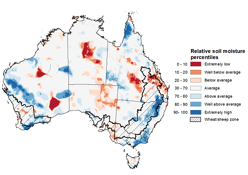 Map showing the lower layer soil moisture for the previous month in Australia. Image provided by the Bureau of Meteorology. Please refer to accompanying text for a more detailed description.