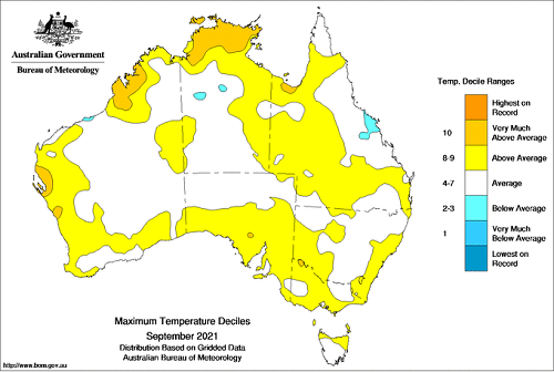 Map showing maximum temperature anomalies for the previous month in Australia. Image provided by the Bureau of Meteorology. Please refer to accompanying text for a more detailed description.