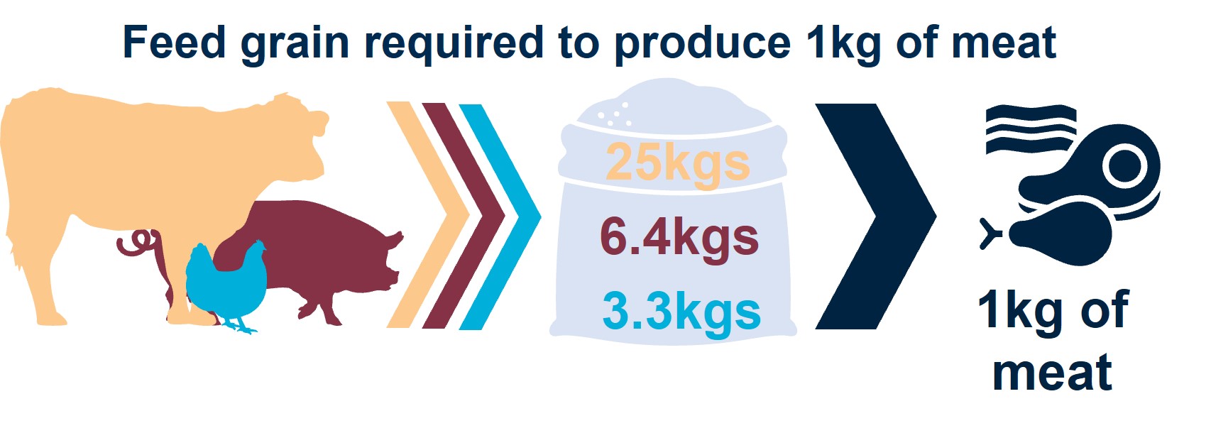 This data shows that for cows, pigs and chickens, it takes 25kgs, 6.4kgs, and 3.3kgs (respectively) to make 1kg of meat. 