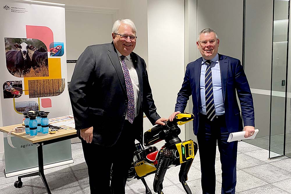 Department Secretary and Minister Watt meet Spot the robot biosecurity dog