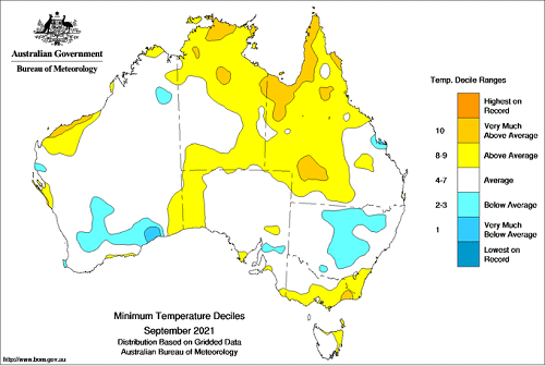 Map showing minimum temperature anomalies for the previous month in Australia. Image provided by the Bureau of Meteorology. Please refer to accompanying text for a more detailed description.