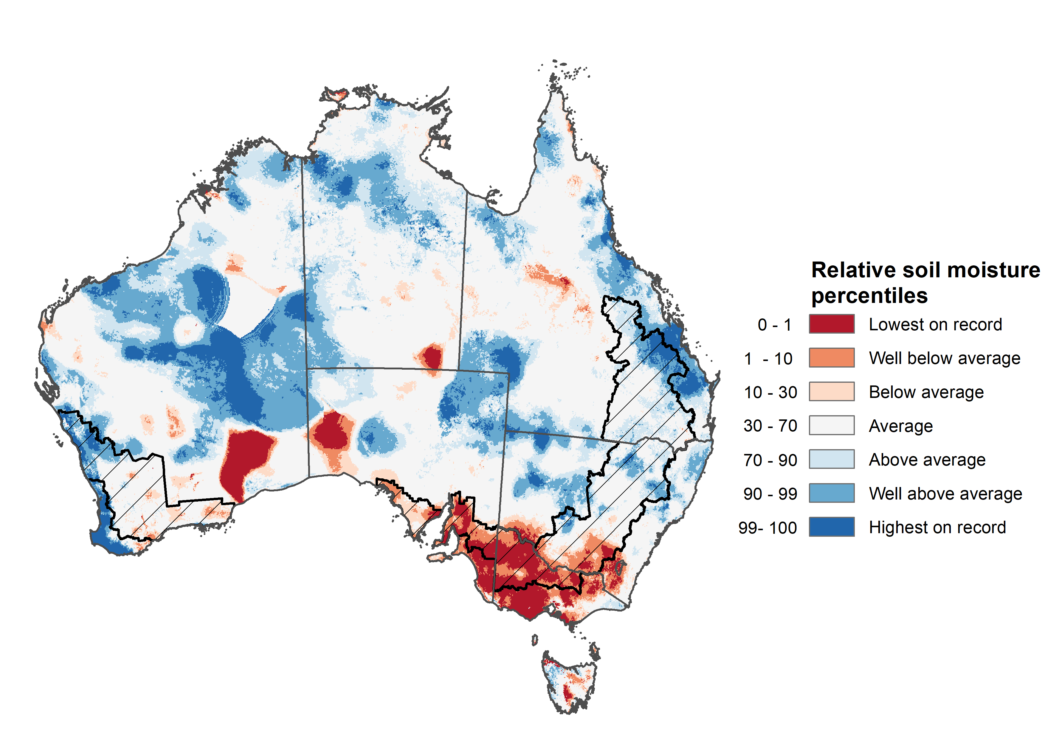 Map showing the lower layer soil moisture for the previous season in Australia. Image provided by the Bureau of Meteorology. Please refer to accompanying text for a more detailed description.