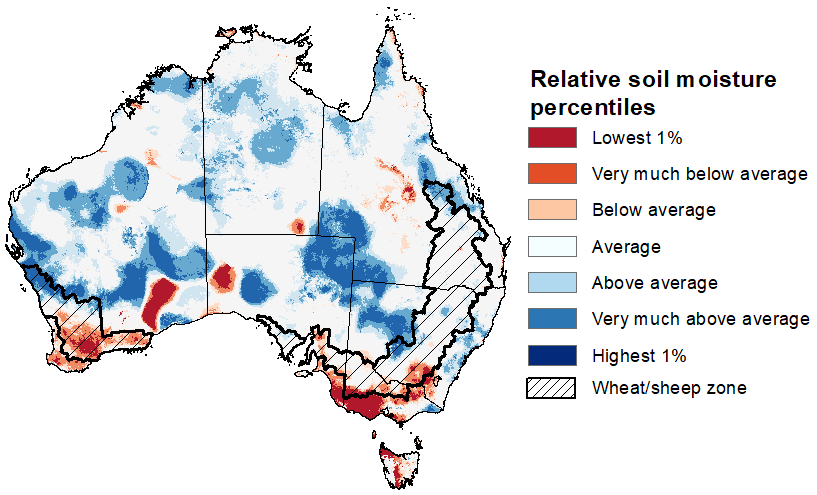 Map showing the lower layer soil moisture for the previous season in Australia. Image provided by the Bureau of Meteorology. Please refer to accompanying text for a more detailed description.