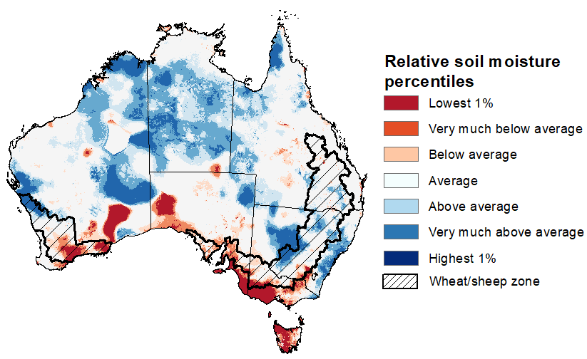 Map showing the lower layer soil moisture for the previous season in Australia. Image provided by the Bureau of Meteorology. Please refer to accompanying text for a more detailed description.