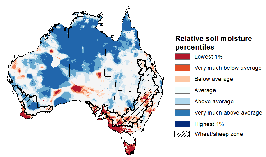 Map showing the lower layer soil moisture for the previous season in Australia. Image provided by the Bureau of Meteorology. Please refer to accompanying text for a more detailed description.