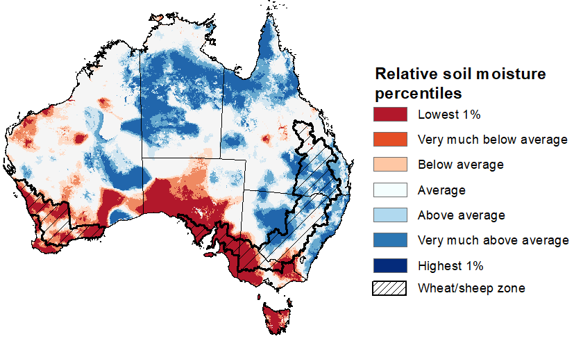 Map showing the lower layer soil moisture for the previous season in Australia. Image provided by the Bureau of Meteorology. Please refer to accompanying text for a more detailed description.