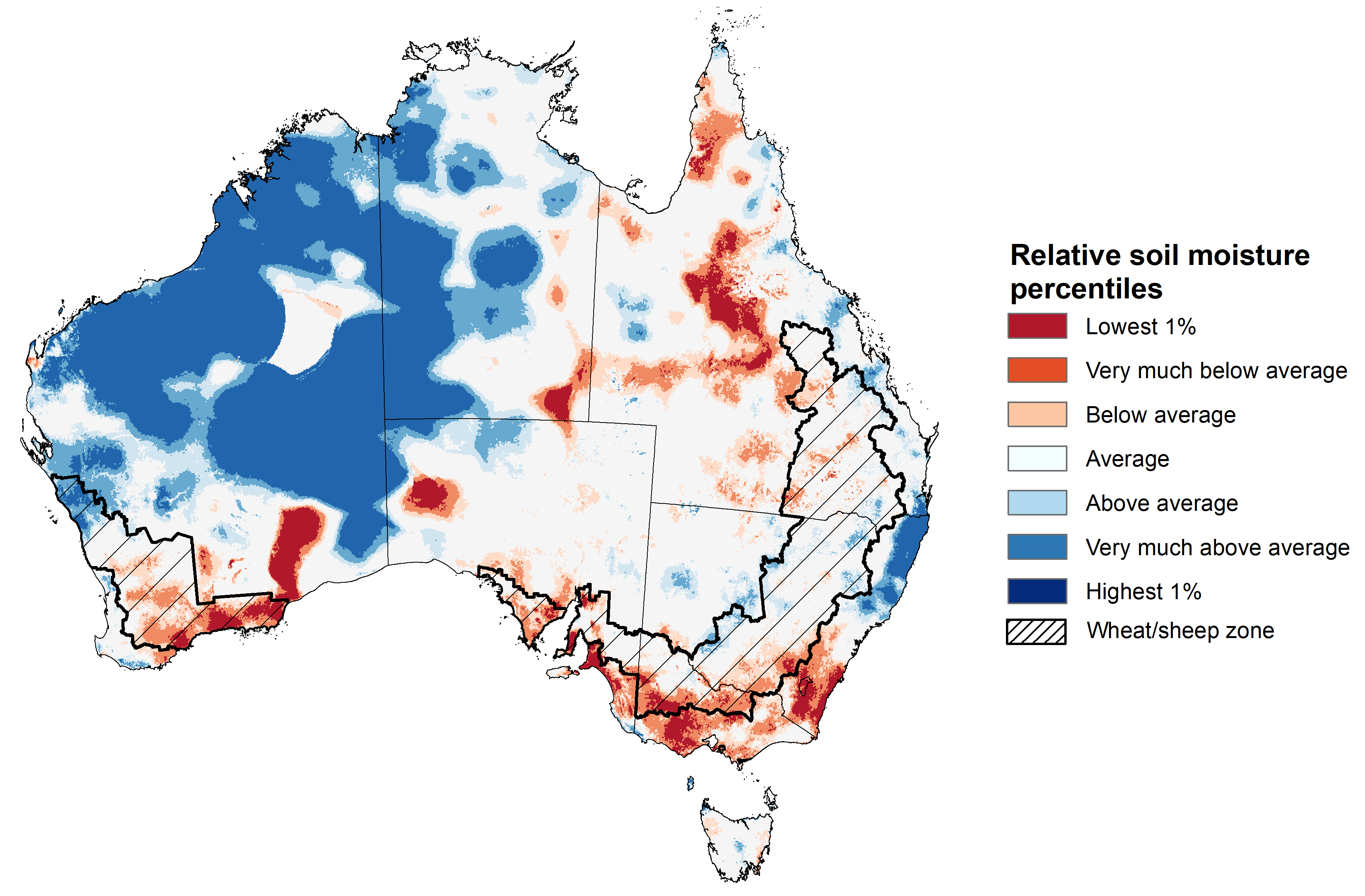 Map showing the lower layer soil moisture for the previous season in Australia. Image provided by the Bureau of Meteorology. Please refer to accompanying text for a more detailed description.