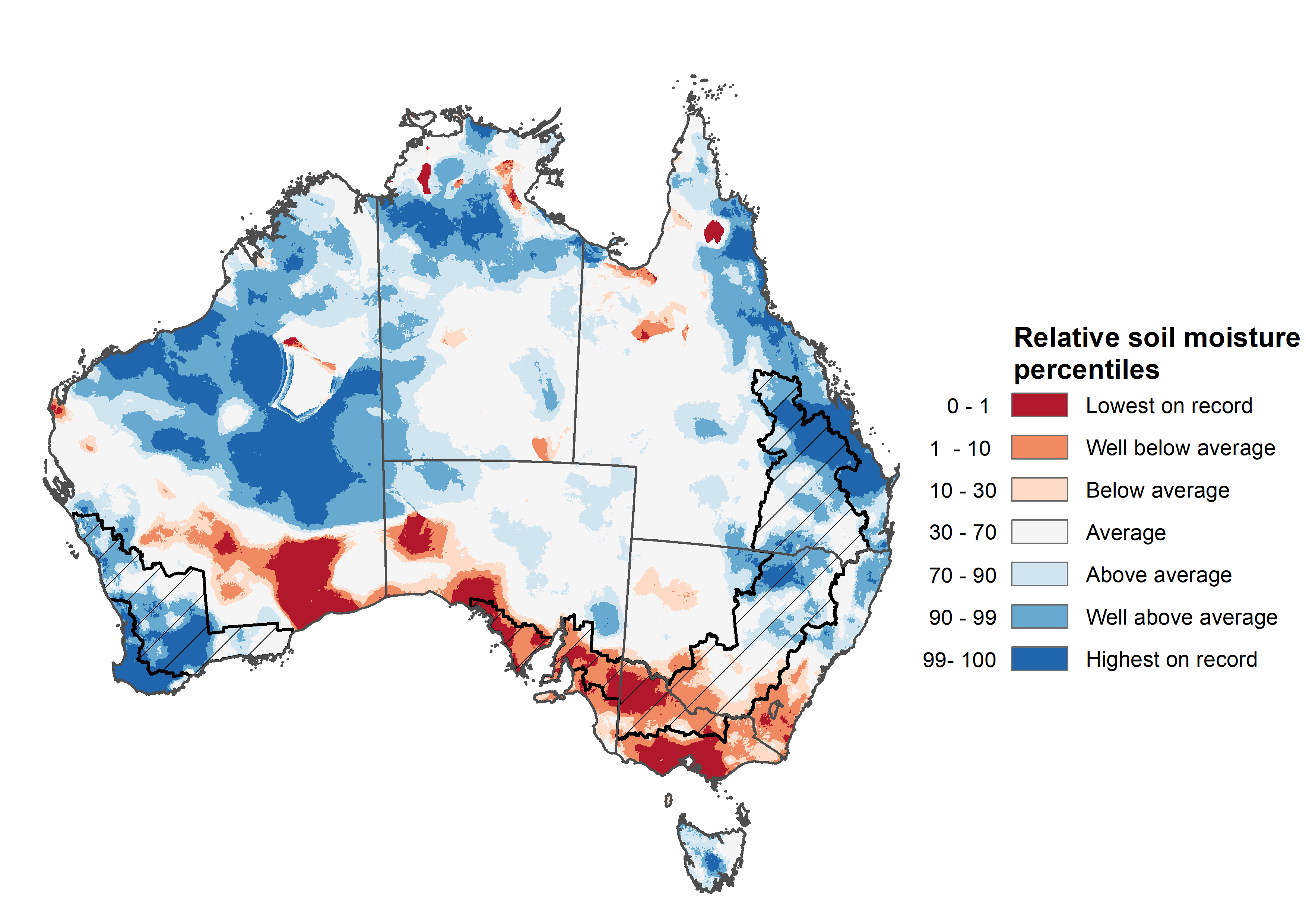 Map showing the upper layer soil moisture for the previous season in Australia. Image provided by the Bureau of Meteorology. Please refer to accompanying text for a more detailed description.