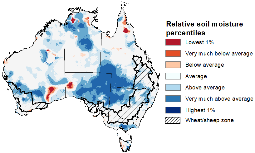 Map showing the upper layer soil moisture for the previous season in Australia. Image provided by the Bureau of Meteorology. Please refer to accompanying text for a more detailed description.