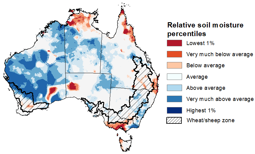 Map showing the upper layer soil moisture for the previous season in Australia. Image provided by the Bureau of Meteorology. Please refer to accompanying text for a more detailed description.