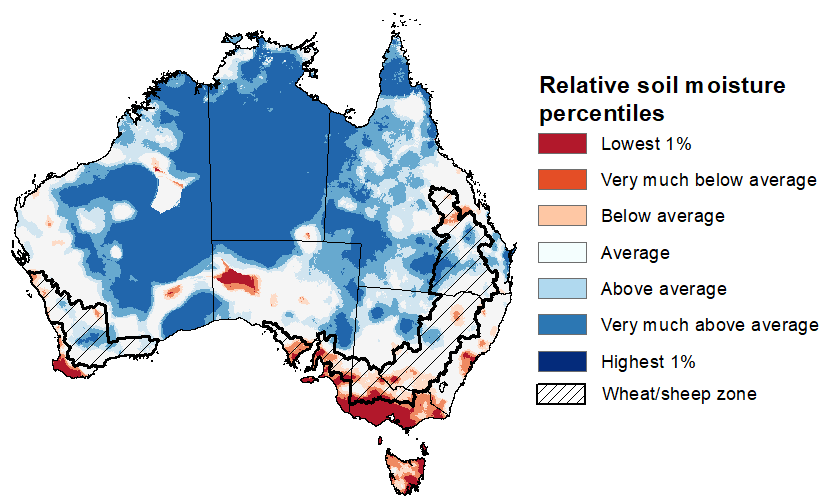 Map showing the upper layer soil moisture for the previous season in Australia. Image provided by the Bureau of Meteorology. Please refer to accompanying text for a more detailed description.