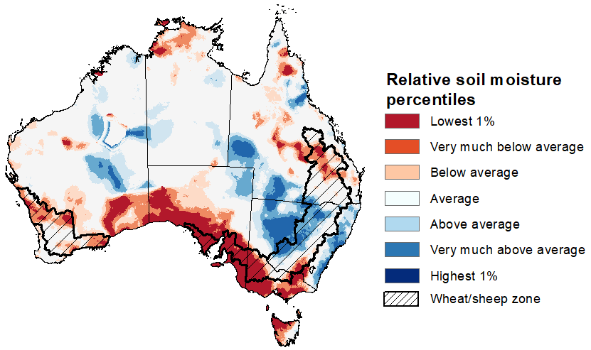 Map showing the upper layer soil moisture for the previous season in Australia. Image provided by the Bureau of Meteorology. Please refer to accompanying text for a more detailed description.