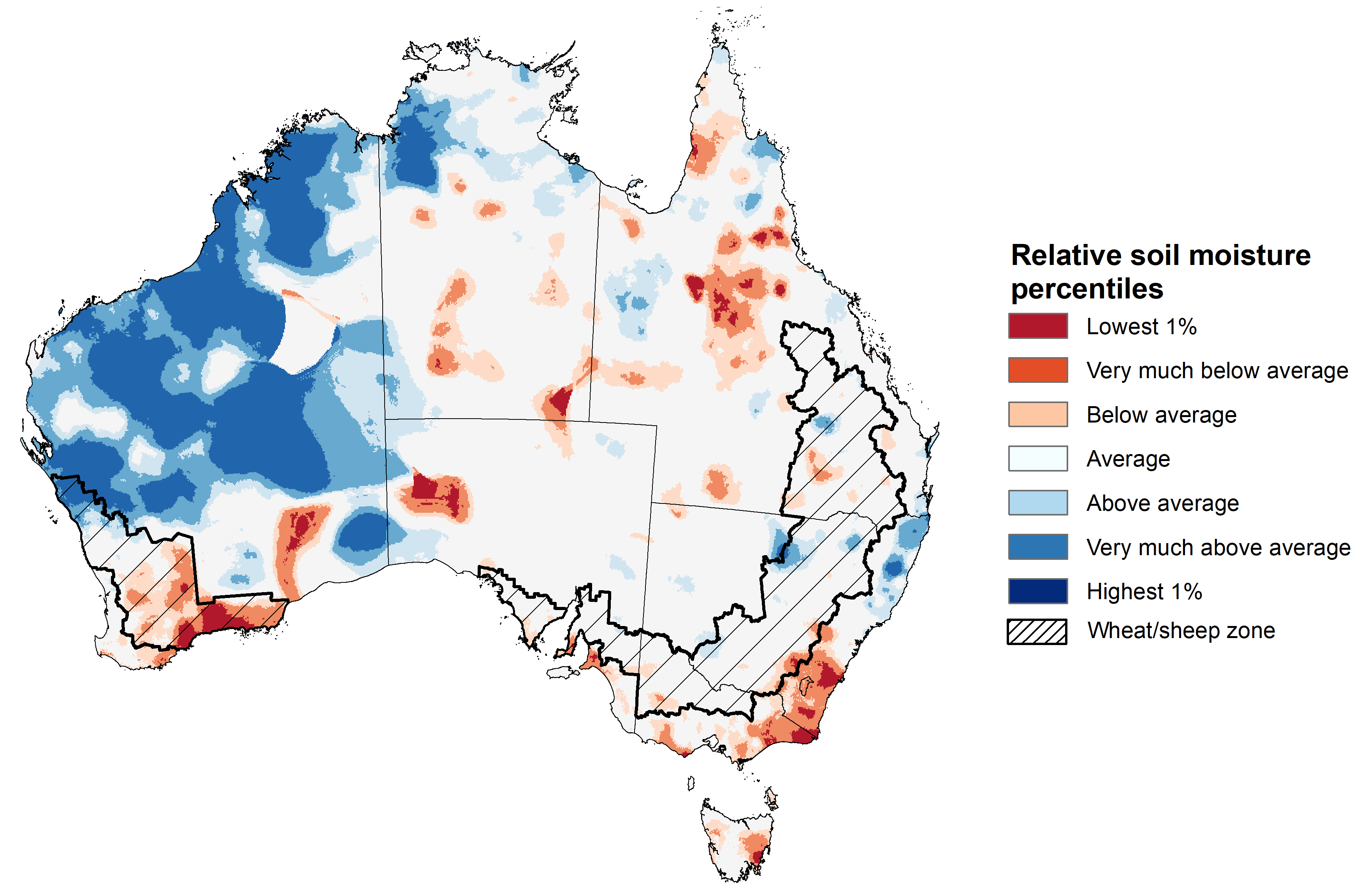 Map showing the upper layer soil moisture for the previous season in Australia. Image provided by the Bureau of Meteorology. Please refer to accompanying text for a more detailed description.