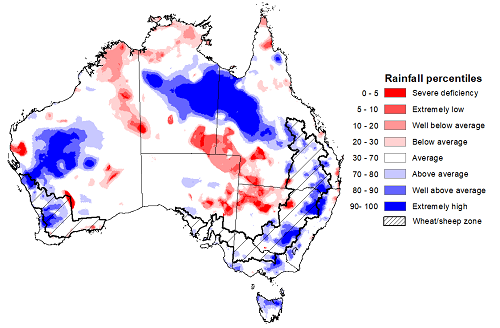 Map showing the rainfall percentiles for the previous month in Australia. Image provided by the Bureau of Meteorology. Please refer to accompanying text for a more detailed description.