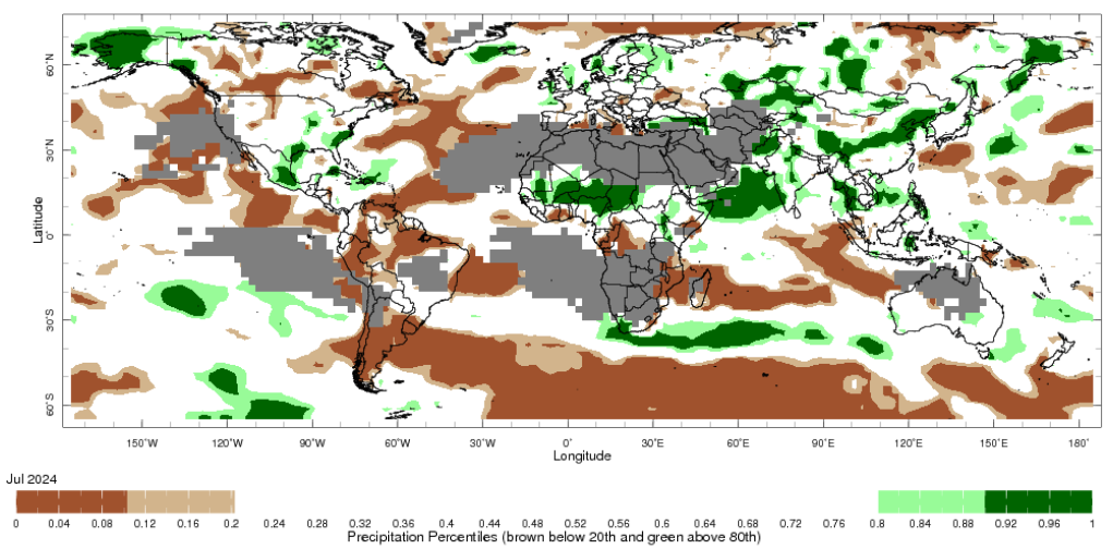 Map showing global monthly precipitation percentiles below the 20th percentile and above the 80th percentile. This map uses the climatology baseline of 1991 to 2020 for the month analysed. 