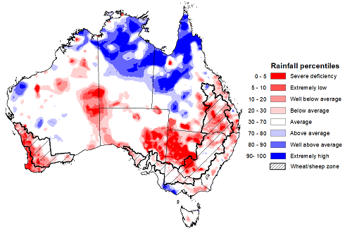 Map showing the rainfall percentiles for the previous month in Australia. Image provided by the Bureau of Meteorology. Please refer to accompanying text for a more detailed description.