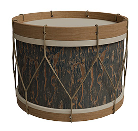 Image of musical drum with wooden wall and bark on the side.