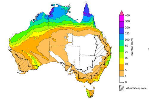 Map of the total forecast rainfall for the next 8 days. Image provided by the Bureau of Meteorology. Please refer to accompanying text for a more detailed description.