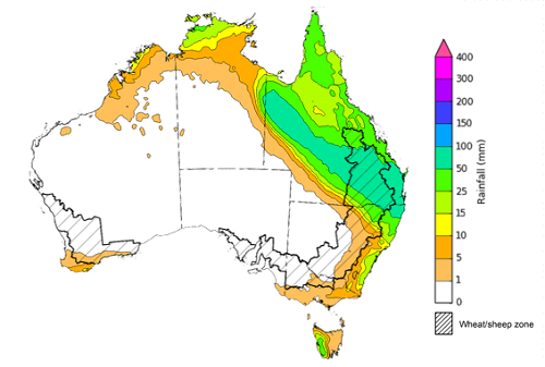 Map of the total forecast rainfall for the next 8 days. Image provided by the Bureau of Meteorology. Please refer to accompanying text for a more detailed description.