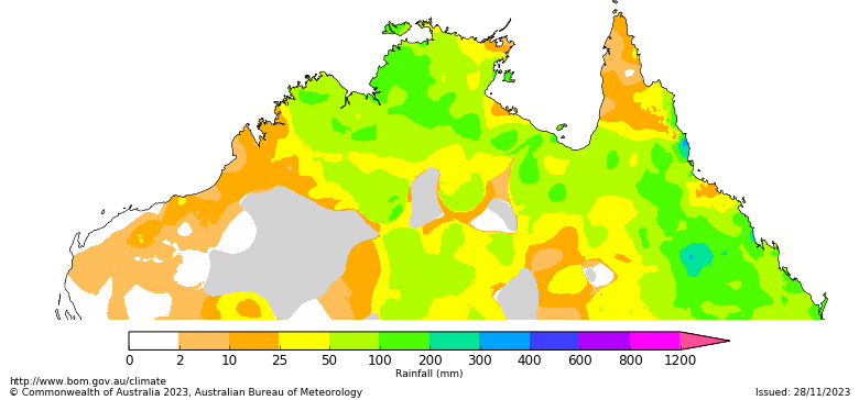 Map showing total rainfall received from 1 September 2023 in the northern Australia. Image provided by the Bureau of Meteorology. Please refer to accompanying text for a more detailed description.