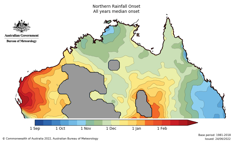 Map of median onset dates for the Northern Rainfall Onset between 1981 and 2018. Image provided by the Bureau of Meteorology. Please refer to accompanying text for a more detailed description.