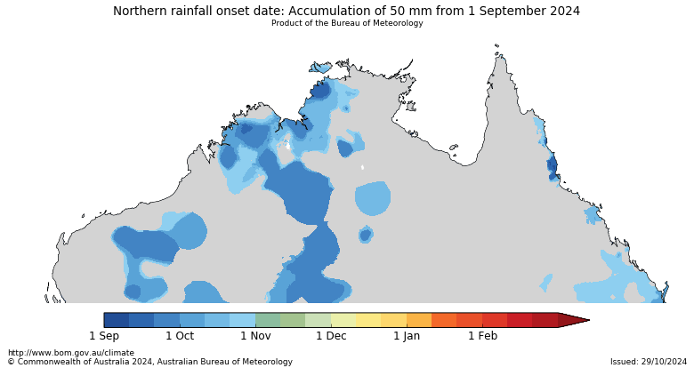 Map of northern areas with an accumulation of rainfall greater than 50 millimetres from 1st September. Image provided by the Bureau of Meteorology. Please refer to accompanying text for a more detailed description.