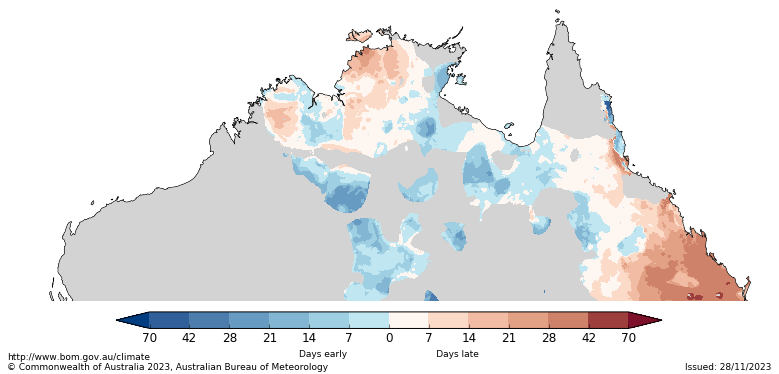 Map showing the number of days the northern Australia rainfall is either early or late. Image provided by the Bureau of Meteorology.