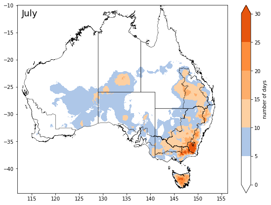 Map of the number of days minimum temperature was below 2°C based on historical climatology (1993-2022) and in the latest months. Data provided by the Bureau of Meteorology. Please refer to accompanying text for a more detailed description.