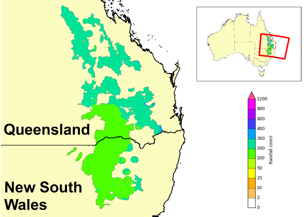 In summer cropping regions, there is a 75% chance of receiving between 100 and 200 millimetres across most grain sorghum growing regions in New South Wales and south-western Queensland, with totals up to 300 millimetres in northern and eastern regions in Queensland