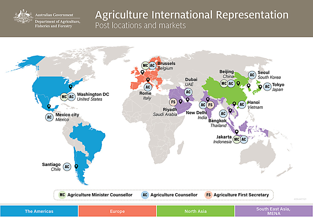 Map showing location of Agriculture Counsellors