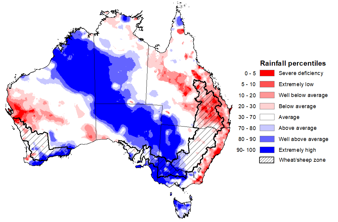 Map showing the rainfall percentiles for the previous month in Australia. Image provided by the Bureau of Meteorology. Please refer to accompanying text for a more detailed description.