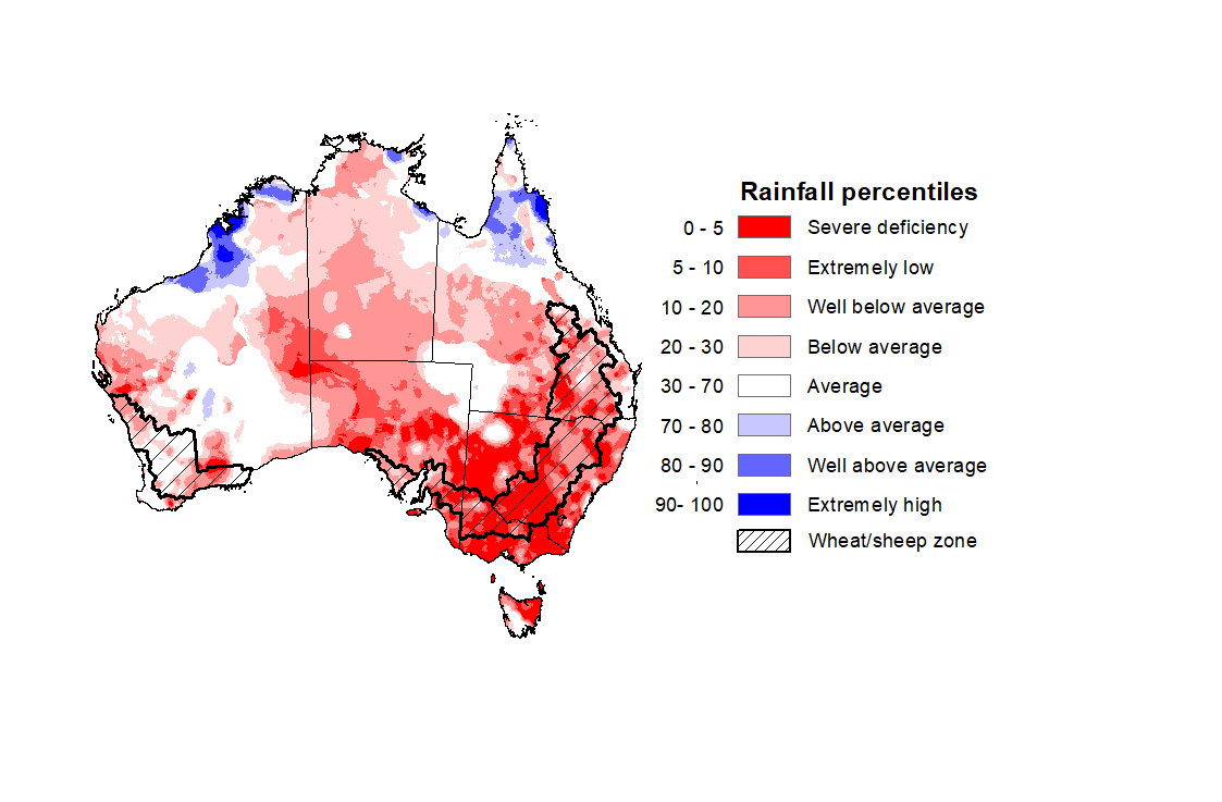 Map showing the rainfall percentiles for the previous month in Australia. Image provided by the Bureau of Meteorology. Please refer to accompanying text for a more detailed description