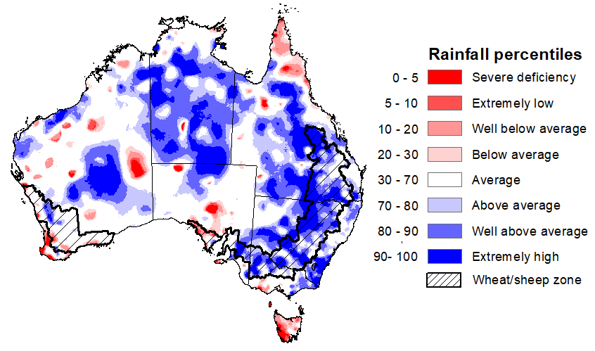 Map showing the rainfall percentiles for the previous month in Australia. Image provided by the Bureau of Meteorology. Please refer to accompanying text for a more detailed description.