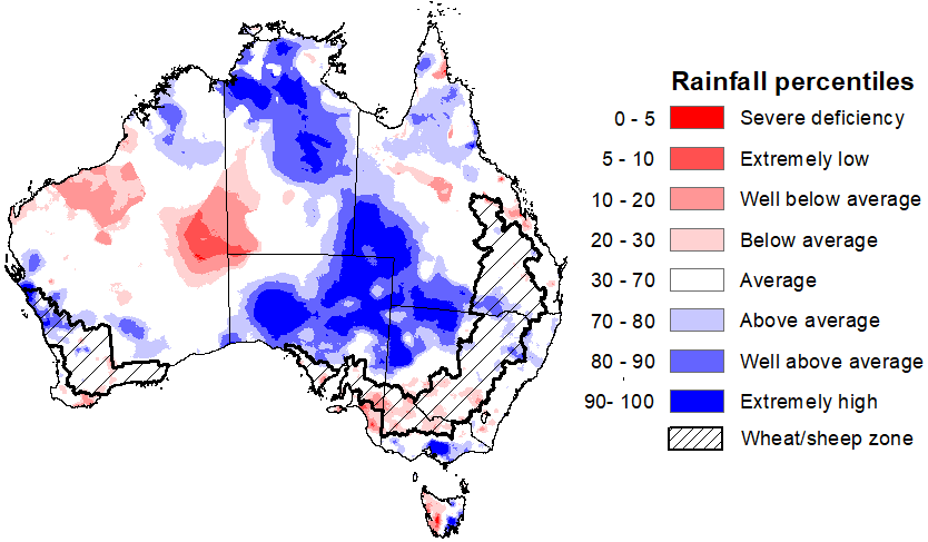 Map showing the rainfall percentiles for the previous month in Australia. Image provided by the Bureau of Meteorology. Please refer to accompanying text for a more detailed description.