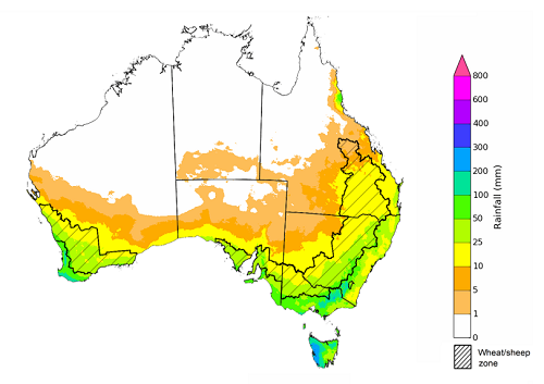 Map showing the rainfall totals that have a 75% chance of occurring during June 2021 in Australia. Image provided by the Bureau of Meteorology. Please refer to accompanying text for a more detailed description.