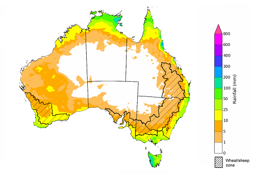 Map showing the rainfall totals that have a 75% chance of occurring during April 2021 in Australia. Image provided by the Bureau of Meteorology. Please refer to accompanying text for a more detailed description.