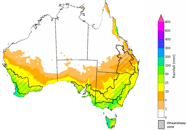 Map showing the rainfall totals that have a 75% chance of occurring during the next month in Australia. Image provided by the Bureau of Meteorology. Please refer to accompanying text for a more detailed description. For further information, go to http://www.bom.gov.au/climate/ahead/about/.