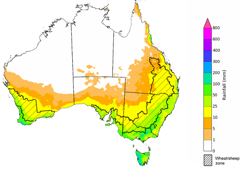 Map showing the rainfall totals that have a 75% chance of occurring during August 2022 in Australia. Image provided by the Bureau of Meteorology. Please refer to accompanying text for a more detailed description.