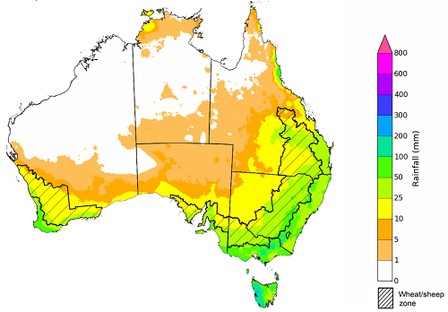 Map showing the rainfall totals that have a 75% chance of occurring during September 2022 in Australia. Image provided by the Bureau of Meteorology. Please refer to accompanying text for a more detailed description.