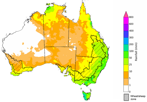 Map showing the rainfall totals that have a 75% chance of occurring during October 2022 in Australia. Image provided by the Bureau of Meteorology. Please refer to accompanying text for a more detailed description.