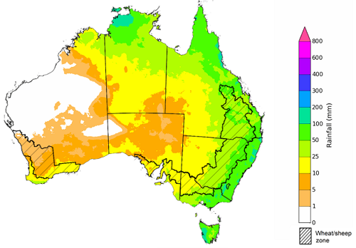 Map showing the rainfall totals that have a 75% chance of occurring during October 2022 in Australia. Image provided by the Bureau of Meteorology. Please refer to accompanying text for a more detailed description.