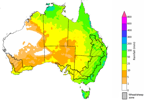 Map showing the rainfall totals that have a 75% chance of occurring during October 2022 in Australia. Image provided by the Bureau of Meteorology. Please refer to accompanying text for a more detailed description.