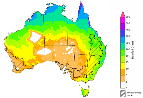 Map showing the rainfall totals that have a 75% chance of occurring during December 2020 in Australia. Image provided by the Bureau of Meteorology. Please refer to accompanying text for a more detailed description.